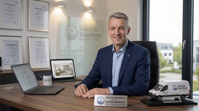 Andreas Reuthers – Sanitärmeister im Büro mit Zertifikaten und Firmenwagen