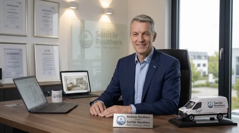 Andreas Reuthers – Sanitärmeister im Büro mit Zertifikaten und Firmenwagen