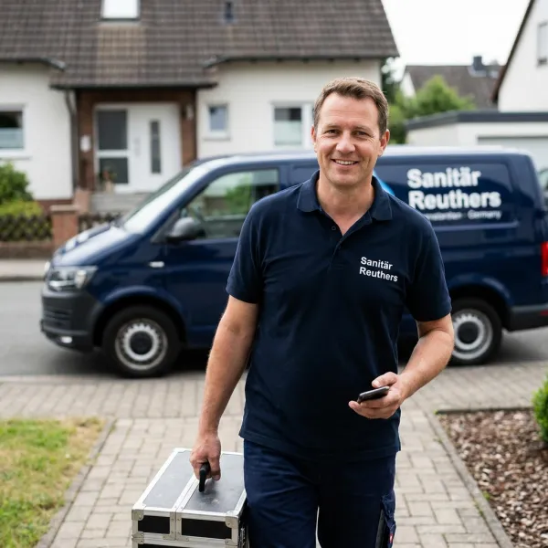 Sanitär Reuthers Monteur bei Anfahrt mit Werkzeugkoffer und Service-Van